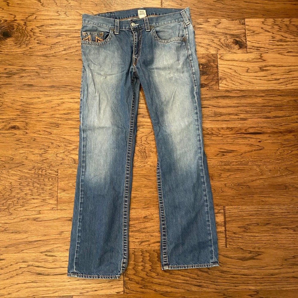 True Religion Straight Leg Jeans Mens 36 Blue Orange Stitching Made in USA